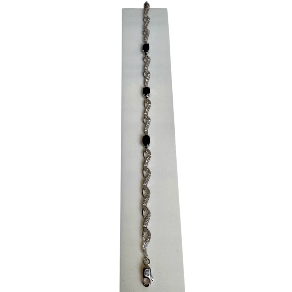 Black Stone Rhinestone Wave Link Bracelet Silver Tone 7.5"